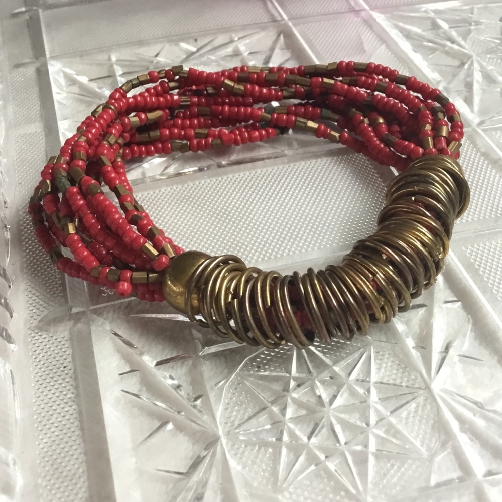 Red Beaded Bracelet with Brass Rings 12-Strand